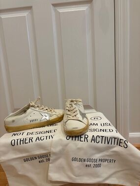 Golden Goose Cream & Silver Superstar Sneakers/Slides. Worn twice.